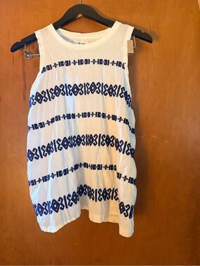 Madewell Sleeveless White Tank with Navy Geometric Stripe Pattern - Women
